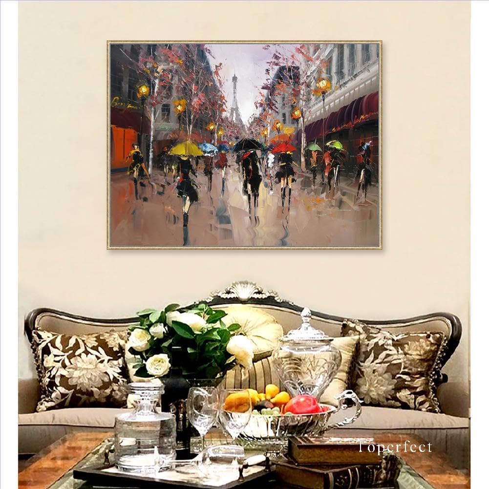 24 Romantic Paris Eiffel Tower Art - Oil Painting on Canvas, Fashionable Girls Umbrellas, Pink Rainy Atmosphere, Elegant Cityscape Wall decor. Hand-Painted Parisian Street Art by College Teachers