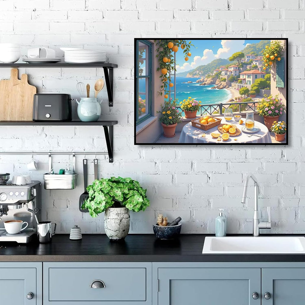 Italian Amalfi Coast Lemon Tree Garden Mediterranean Wall Art Travel Poster | Metal Framed canvas, for resort suites, mediterranean style, guest suite decor, mediterranean vacation vibe