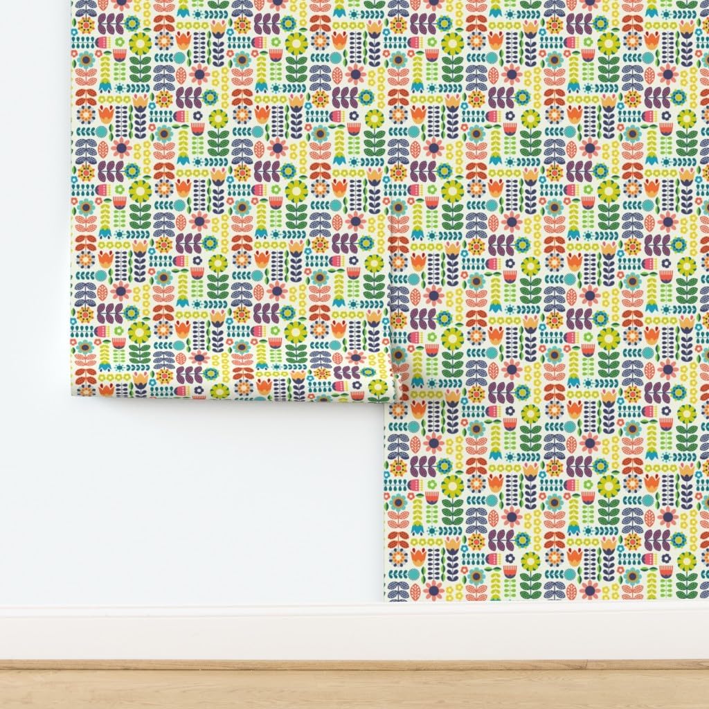 Spoonflower Swedish Folk Art Peel and Stick Removable Wallpaper | Roll 24' x 144' | Hygge Rainbow Floral Cute Modern | Self-adhesive, removable and renter-friendly