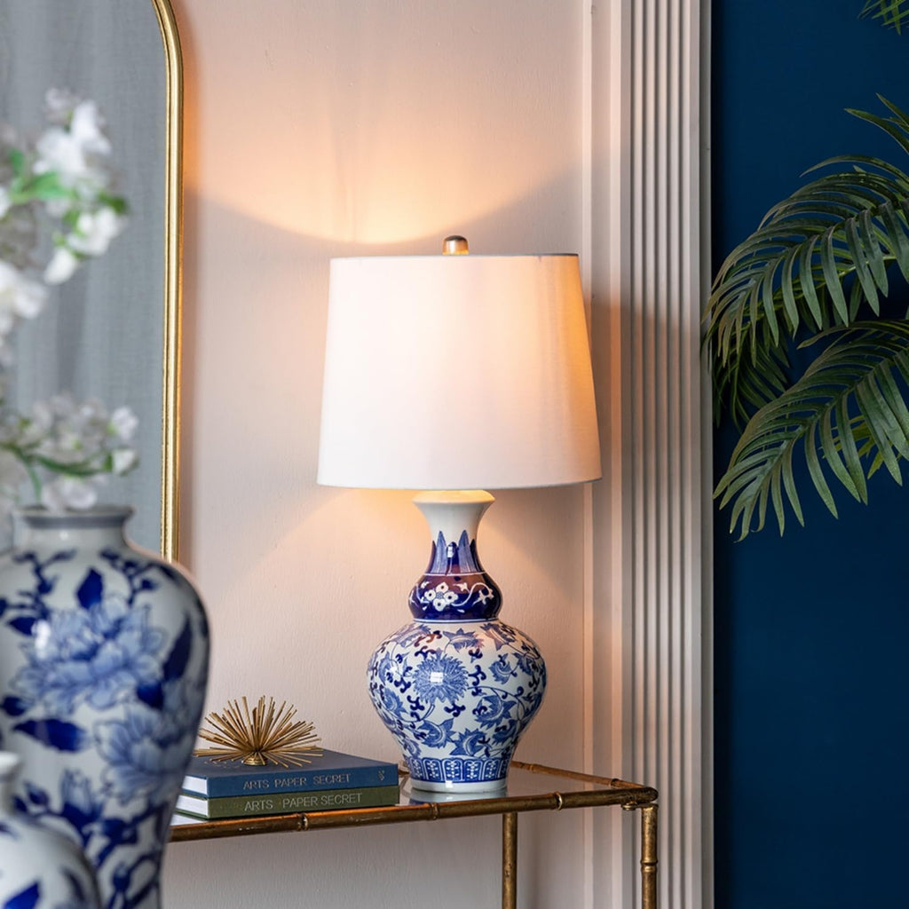 Montary 27.6' Chinoiserie Table Lamp, Classic Blue and White Round Ceramic Vase Lamp, Traditional Bedside Desk Nightstand Lamp for Bedroom Living Room Office College Bookcase Console