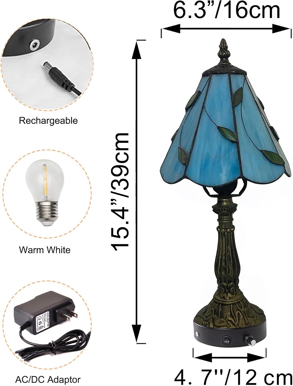 Kiven Cordless Table Lamp,1-Light Dimmable Bedside Lamps for Nightstand with Glass Lampshade, Cordless Tiffany Lamp for Reading Home Decor Bedside TD0796