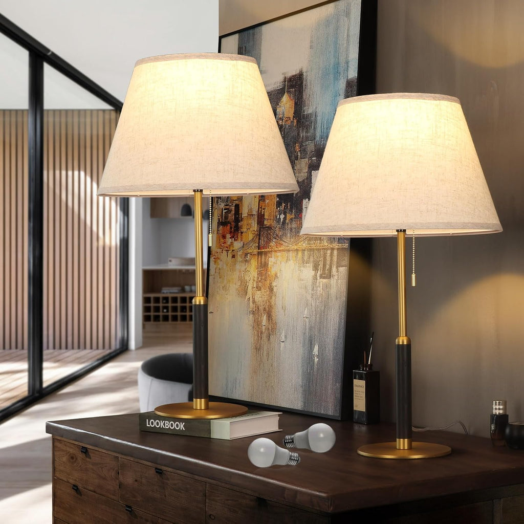 26.4' Set of 2 Mid Century Living Room Modern Table Lamp with Pull Chain, Bedside Lamps for Bedroom 3-Color Light, Wood/Metal/Fabric Nightstand Lamp for Home/Office/Desk (Light Brown+Brass)
