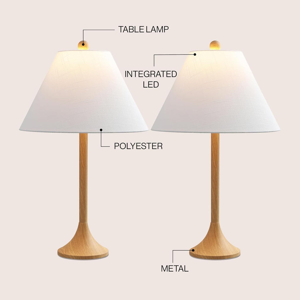 JONATHAN Y 25' Brown Wood Finish Modern Coastal Iron Table Lamp Set of 2, Faux Wood Grain Column Bedside Lamps for Living Room, White Linen Shade, LED Bulbs Included JYL5507A-SET2