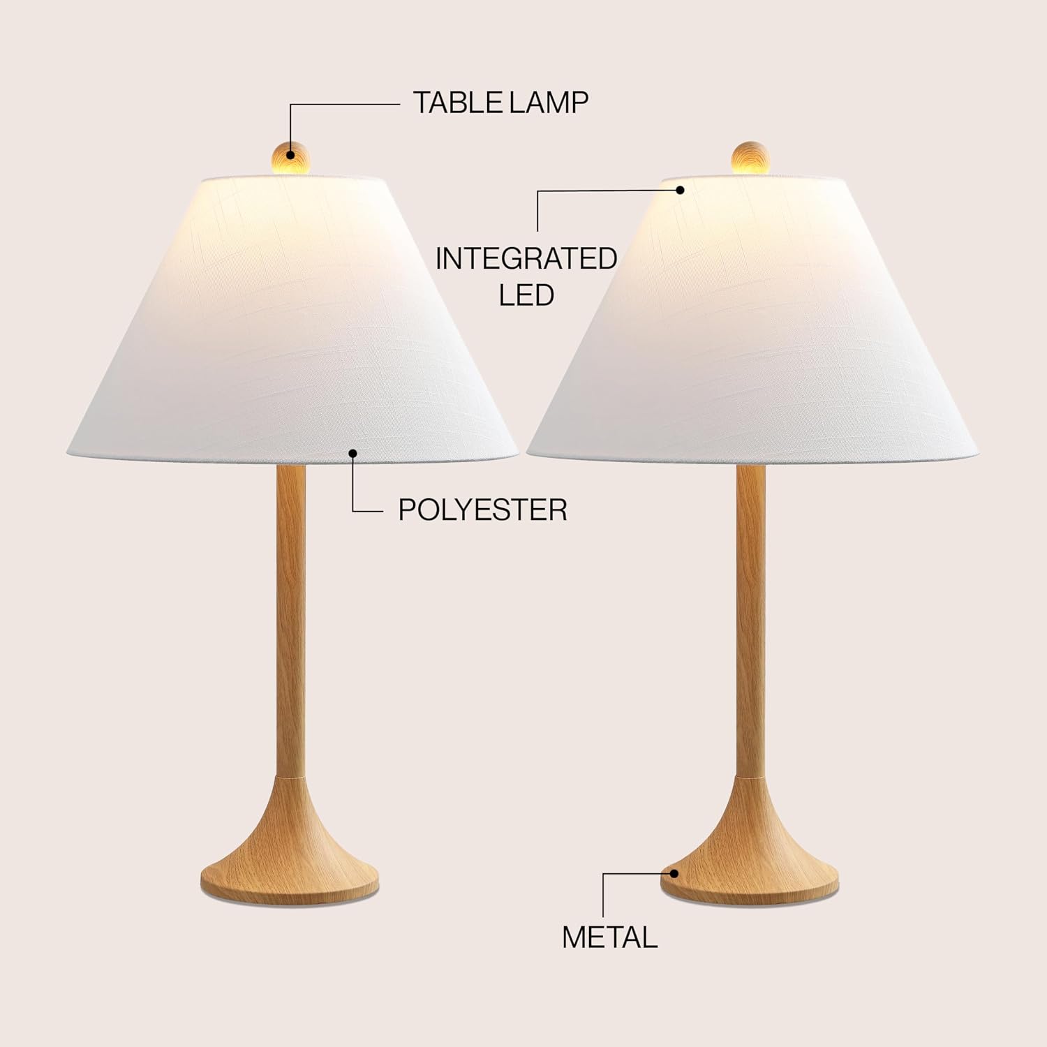 JONATHAN Y 25' Brown Wood Finish Modern Coastal Iron Table Lamp Set of 2, Faux Wood Grain Column Bedside Lamps for Living Room, White Linen Shade, LED Bulbs Included JYL5507A-SET2