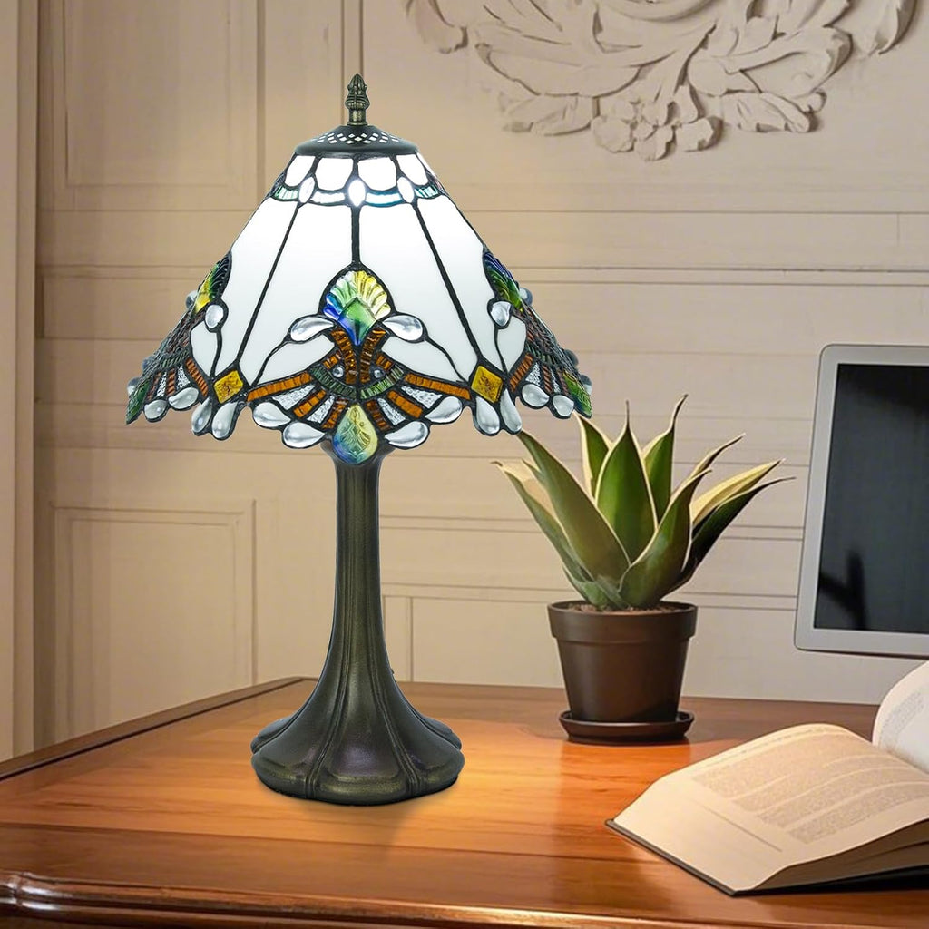 JHuiLap 12 Inch Tiffany Style Table Lamp, Baroque Stained Glass Lamp with Remote Control, Stepless Dimmable &3 Color Temperatures, Desk Lamps for Bedroom Farmhouse Bedside Nightstand Bedside (White)
