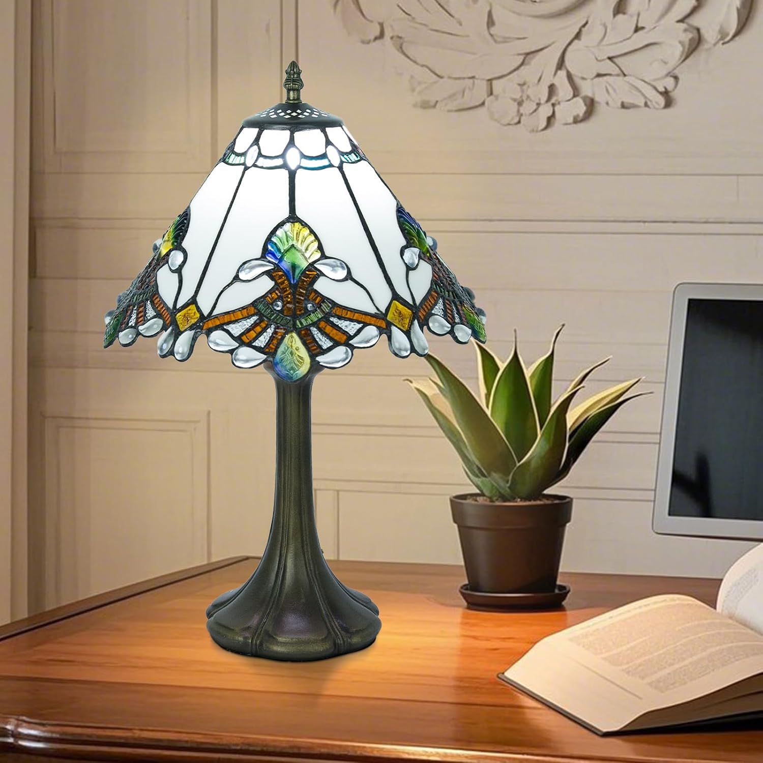JHuiLap 12 Inch Tiffany Style Table Lamp, Baroque Stained Glass Lamp with Remote Control, Stepless Dimmable &3 Color Temperatures, Desk Lamps for Bedroom Farmhouse Bedside Nightstand Bedside (White)