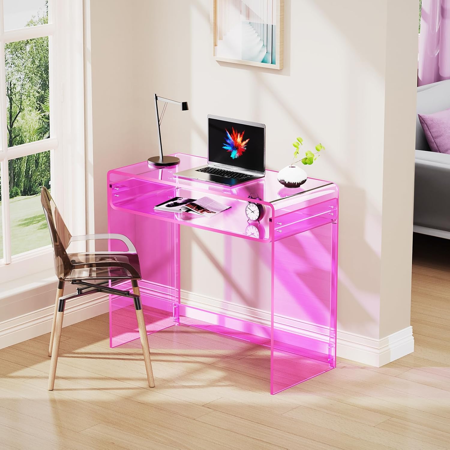 Acrylic Desk Laptop Workstation Study Table Home Office Console Tables Entrance Table Decor (Pink)