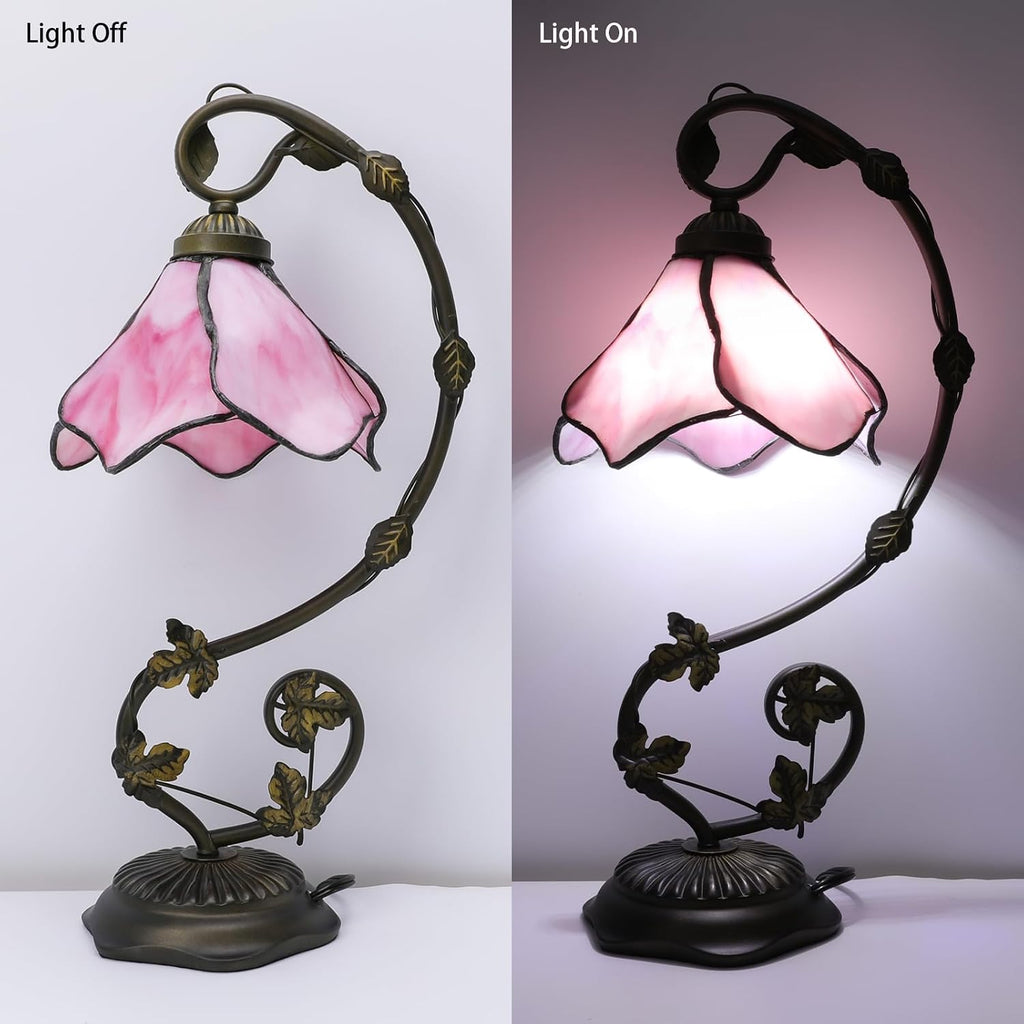 Stained Glass Table Lamp, Pink Flower Design 10x20 Inch Reading Light, 3 Color Temperature LED Bulb for Bedroom Living Room Office Decor