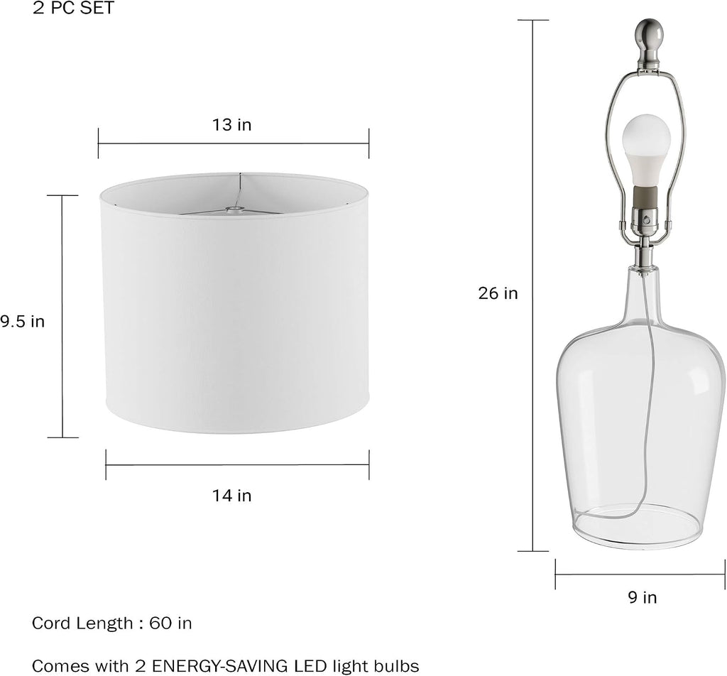 Table Lamps – Set of 2 Cloche Style Glass Modern Farmhouse Lighting for Living Room, Bedroom or Office – Energy Efficient LED by Lavish Home