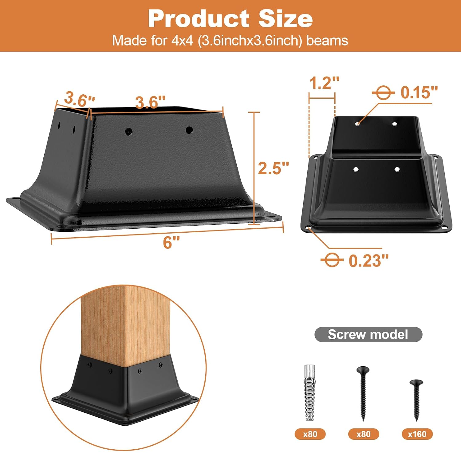 FMhotu 4x4 Post Base 20Pcs, Internal 3.6'x3.6' Heavy Duty Powder-Coated Steel Post Bracket Fit for Standard Wood Post Anchor, Decking Post Base for Deck Porch Handrail Railing Support with Screws