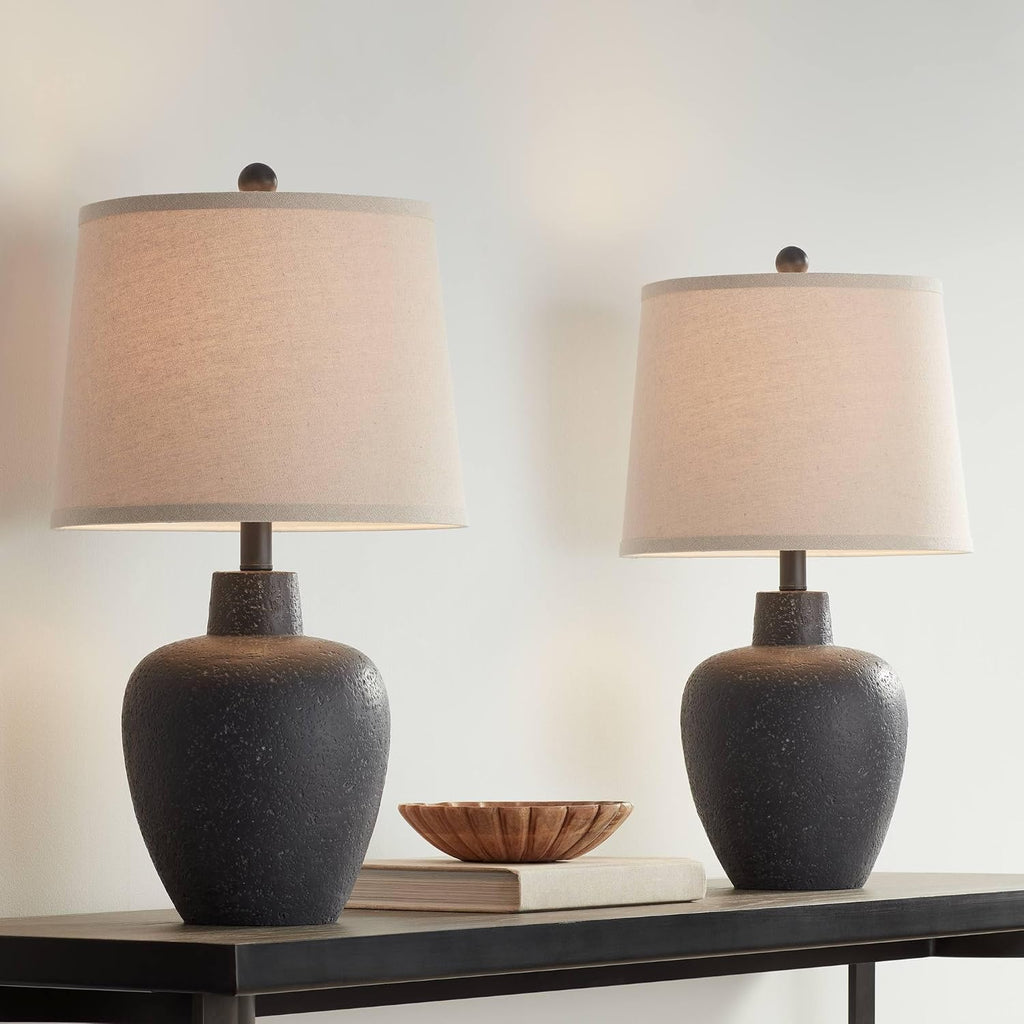 360 Lighting Romeo 23 1/2' High Jar Small Modern Coastal Accent Table Lamps Set of 2 Stone Gray Finish Fabric Beige Shade Living Room Bedroom Bedside Nightstand House Office Home Reading Kitchen