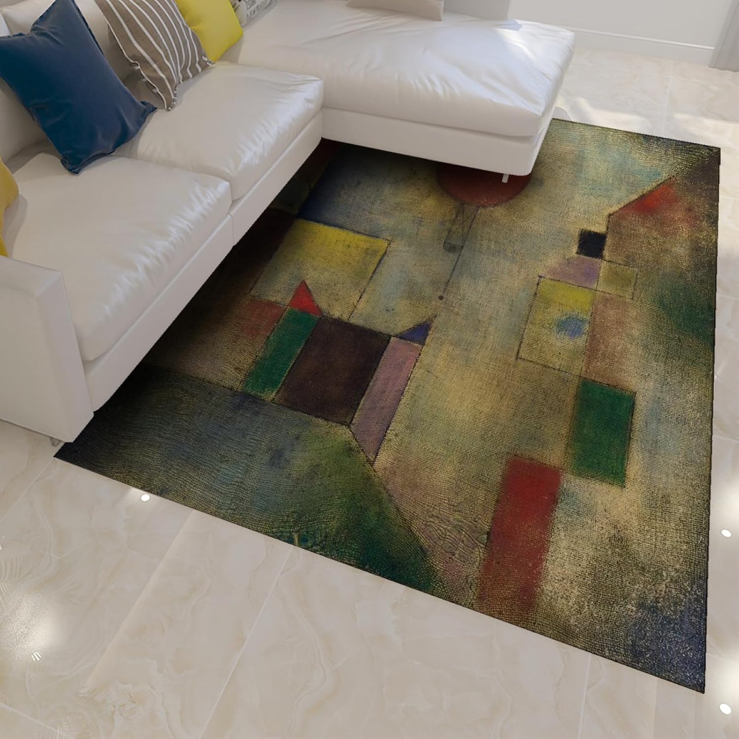 Expressionism Area Rug Paul Klee Abstract Retro Architecture Balloon Geometric Square Washable Non-Slip Low Pile Thin Carpet for Cafe 6x7ft