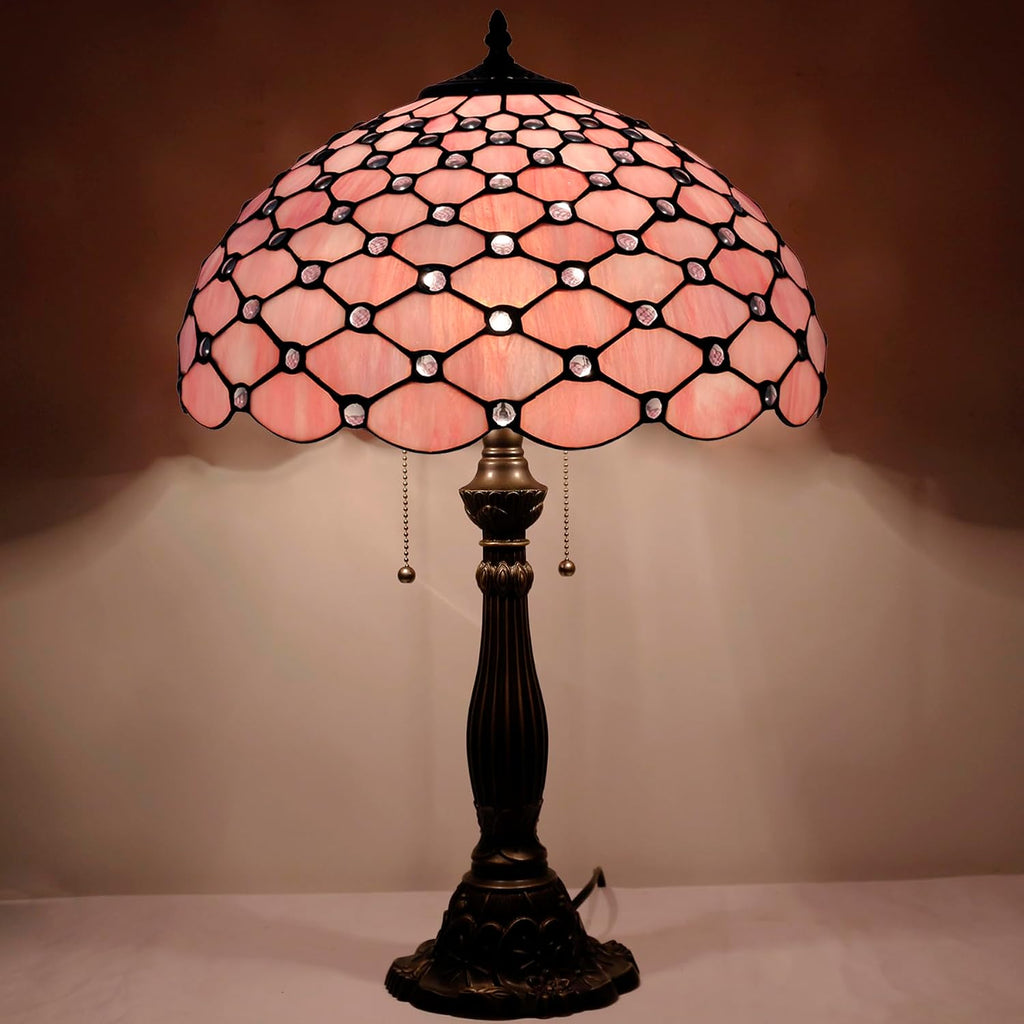 WERFACTORY Tiffany Table Lamp Stained Glass Bedside Lamp 16X16X24 Inches Pink Pearl Bead Desk Reading Light Resin Base Decor Bedroom Living Room Home Office S005P Series (Pink Bead)