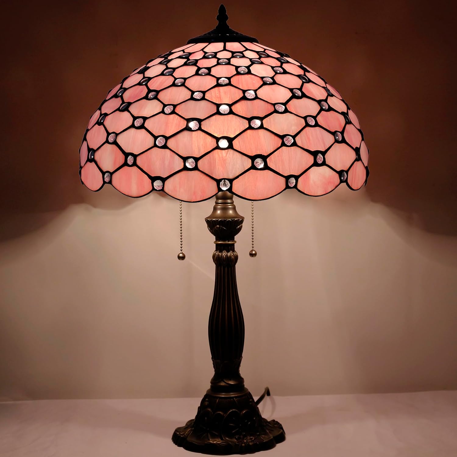 WERFACTORY Tiffany Table Lamp Stained Glass Bedside Lamp 16X16X24 Inches Pink Pearl Bead Desk Reading Light Resin Base Decor Bedroom Living Room Home Office S005P Series (Pink Bead)