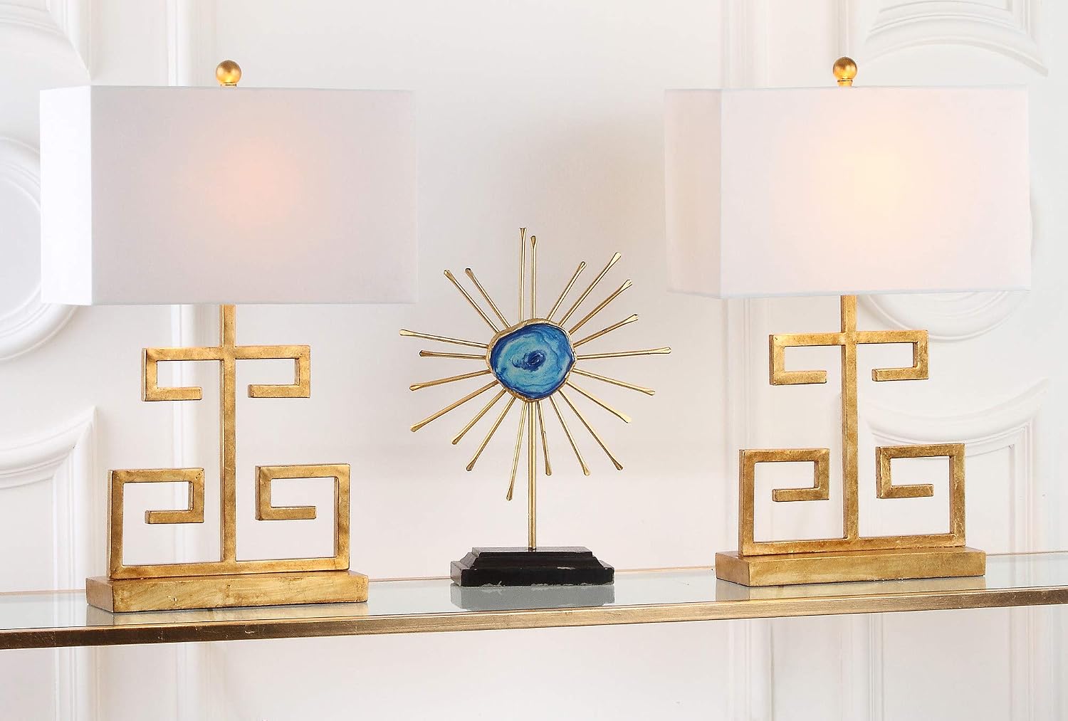 SAFAVIEH Lighting Collection – Set of 2 Greek Key Modern Gold 24-Inch Table Lamps, White Rectangular Shade, LED Bulbs Included, Bedroom Living Room Home Office (LIT4160C-SET2)