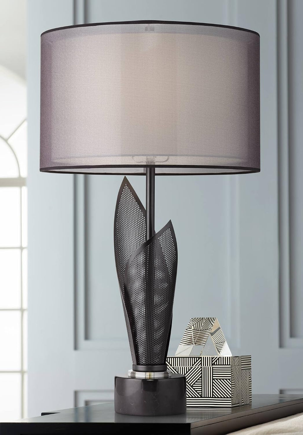 Possini Euro Design Sasha Modern Industrial Table Lamp 31 1/2' Tall Sculptural Black Metal Organza Sheer Outer White Fabric Inner Dum Shade for Bedroom Living Room House Bedside Nightstand Office