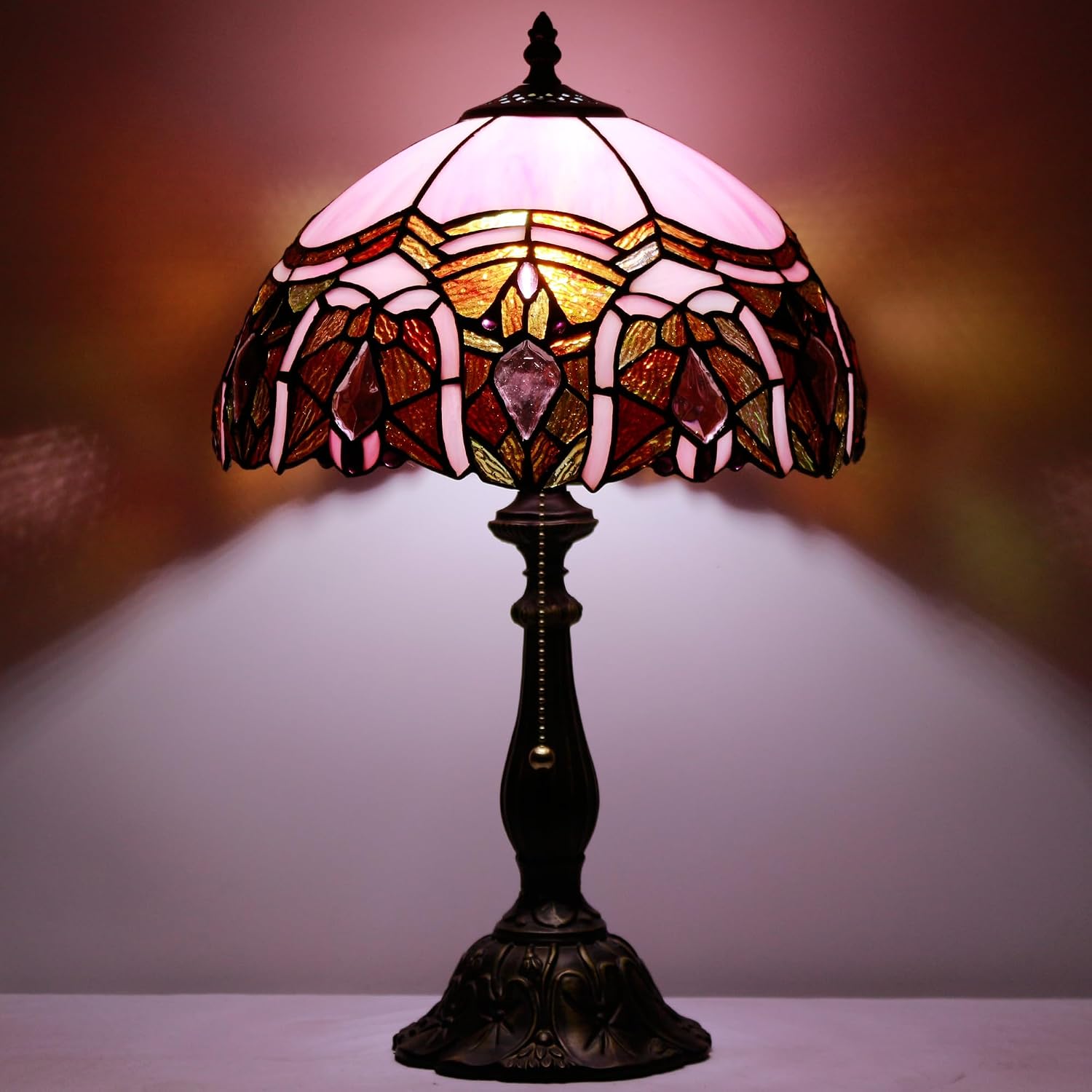 Tiffany Table Lamp Stained Glass Lamp 12X12X19 Inch Antique Reading Light (Pink Jewelry)