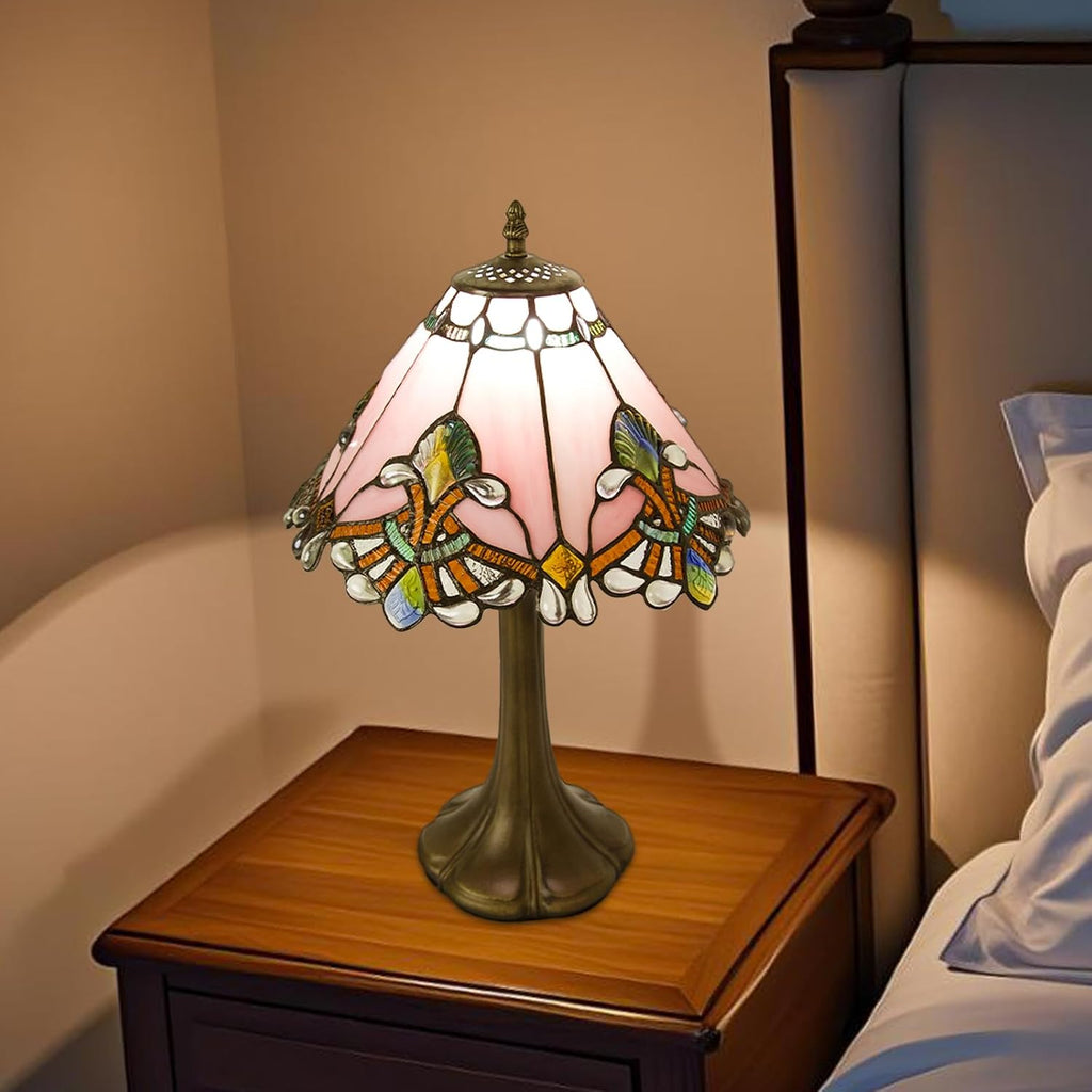 JHuiLap 12 Inch Tiffany Style Table Lamp, Baroque Stained Glass Lamp with Remote Control, Stepless Dimmable & 3 Color Temperatures, Desk Lamps for Bedroom Farmhouse Bedside Nightstand Bedside (Pink)