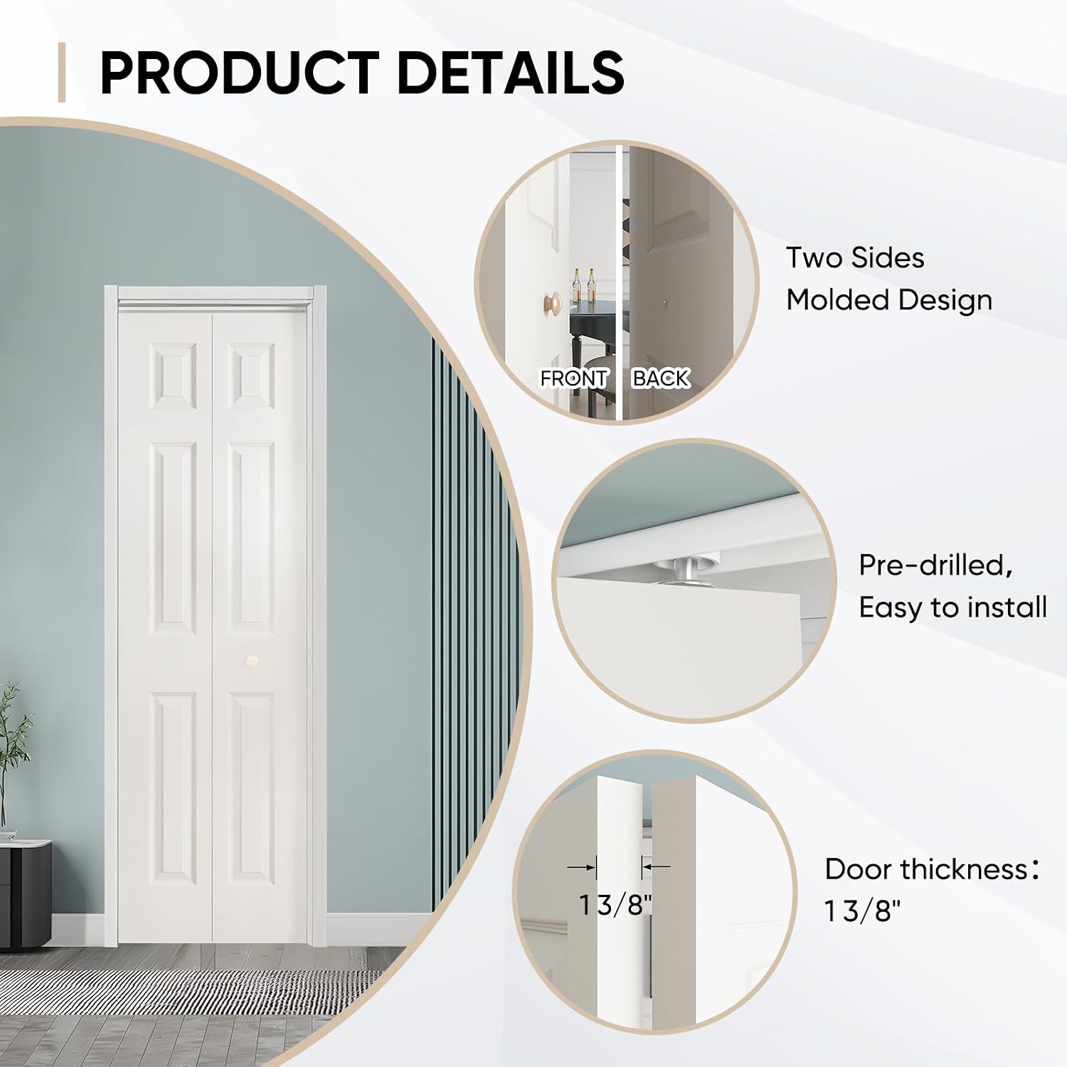 JUBEST Bifold Doors, 6 Panel Primed Bifold Closet Doors for 24'x80' Door Opening, Modern White Hollow Core Bi-Fold Door Slab with Hardware Kit & Knob, Widely Used, Primed