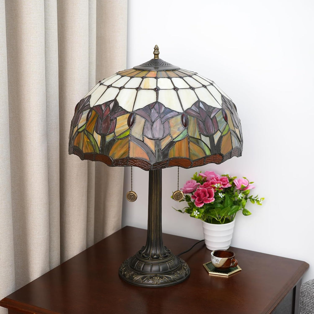 Red Tulip Tiffany Table Lamps for Bedside Bedroom Tiffany Style Stained Glass Nightstand Lamp 16X16X23 INCH Home Office Bedroom Decor Light