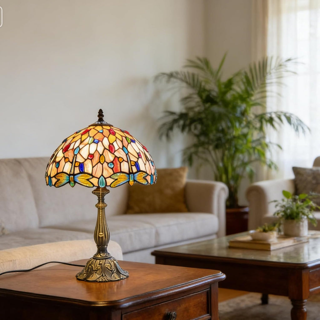 Tiffany Style Table Lamp Vintage Dragonfly Stained Glass Desk Lamp for Bedside Reading Bedroom Living Room Entry Home Office D12 xH18