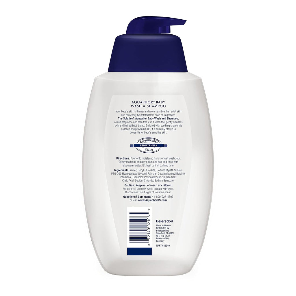 Aquaphor Baby Wash and Shampoo, Unscented Baby Shampoo and Wash, 25.4 Fl Oz Pump Bottle (Pack of 12)