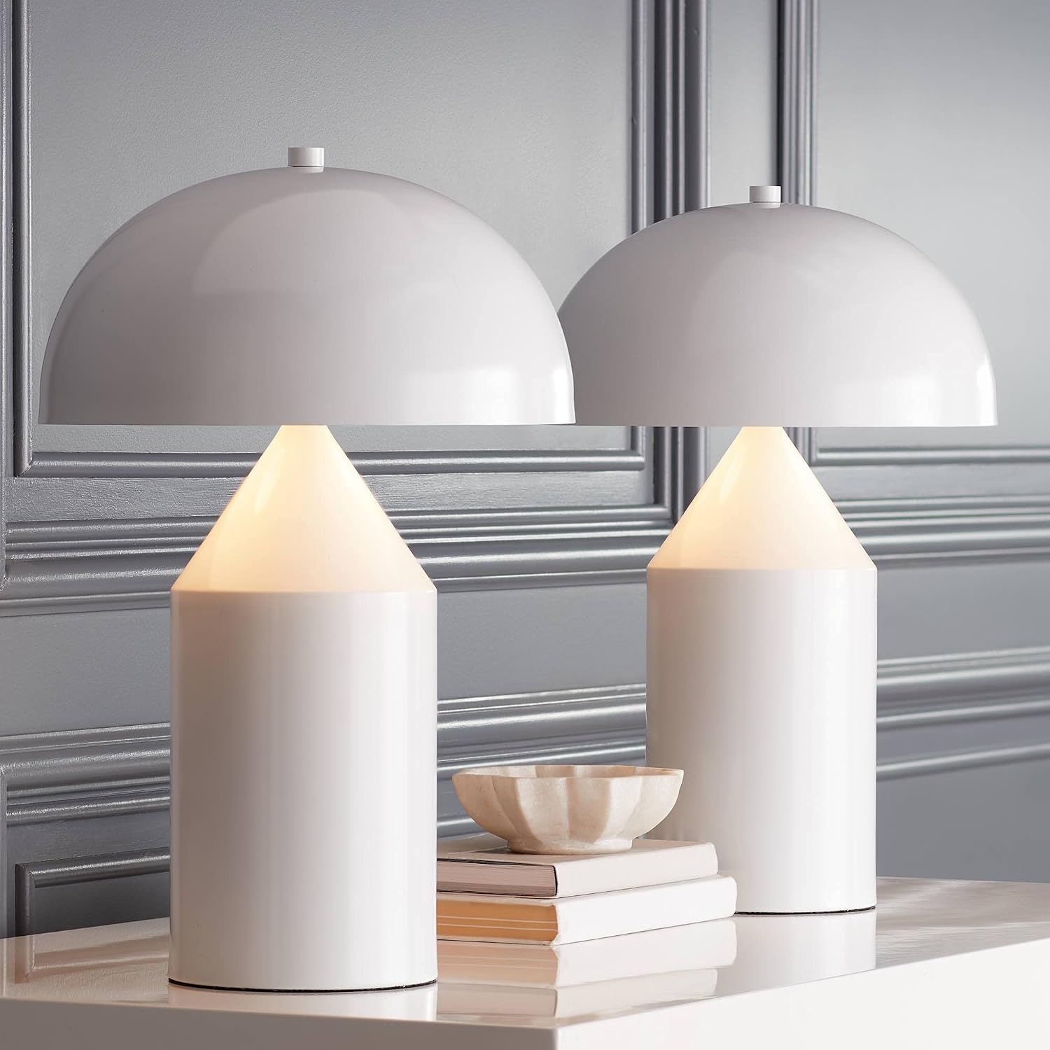 360 Lighting Felix Modern Cottage Accent Table Lamps 19' Tall Set of 2 White Tapered Geometric Metal Mushroom Dome Shade for Bedroom Living Room House Home Bedside Nightstand Office Family