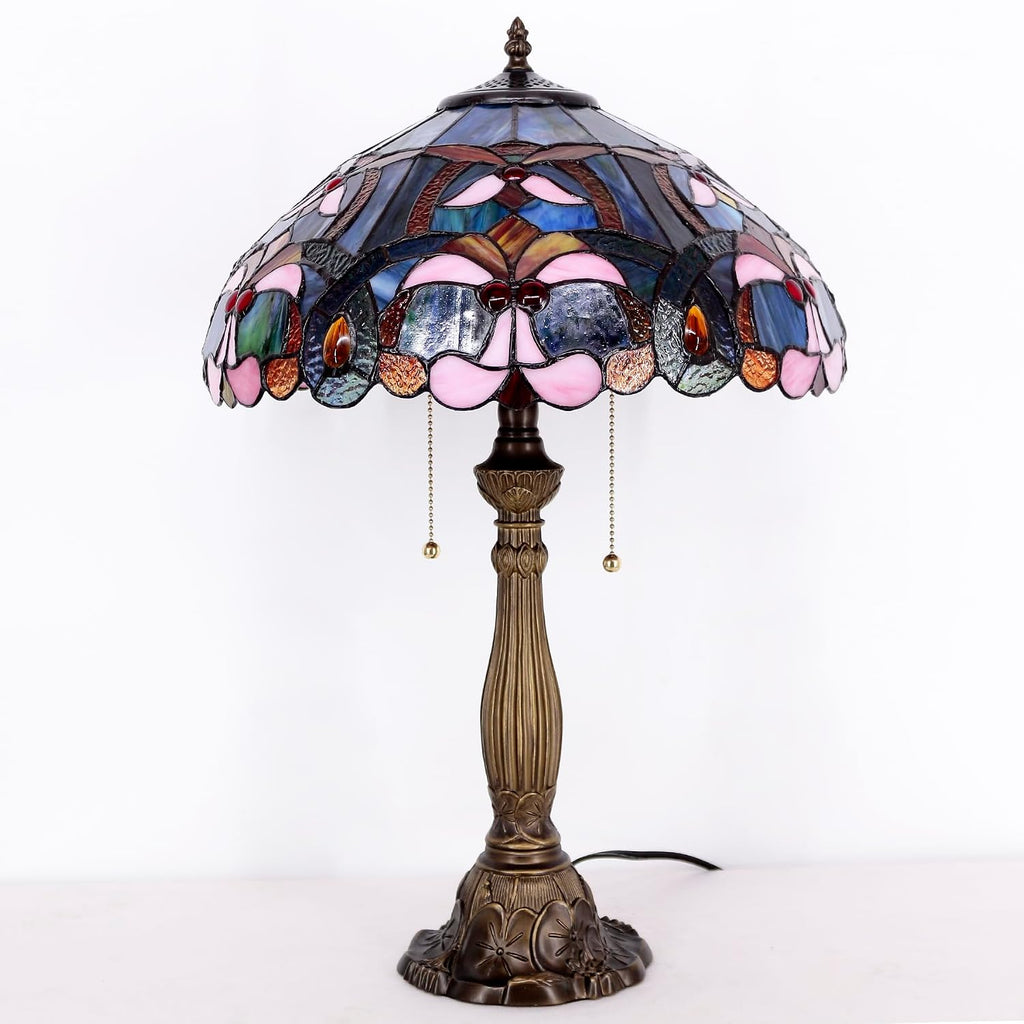 WERFACTORY Tiffany Lamp Blue Pink Stained Glass Bedside Table Lamp 16X16X24 Inch Desk Reading Lamp Resin Base Decoration Bedroom Living Room Home Office S830B Series