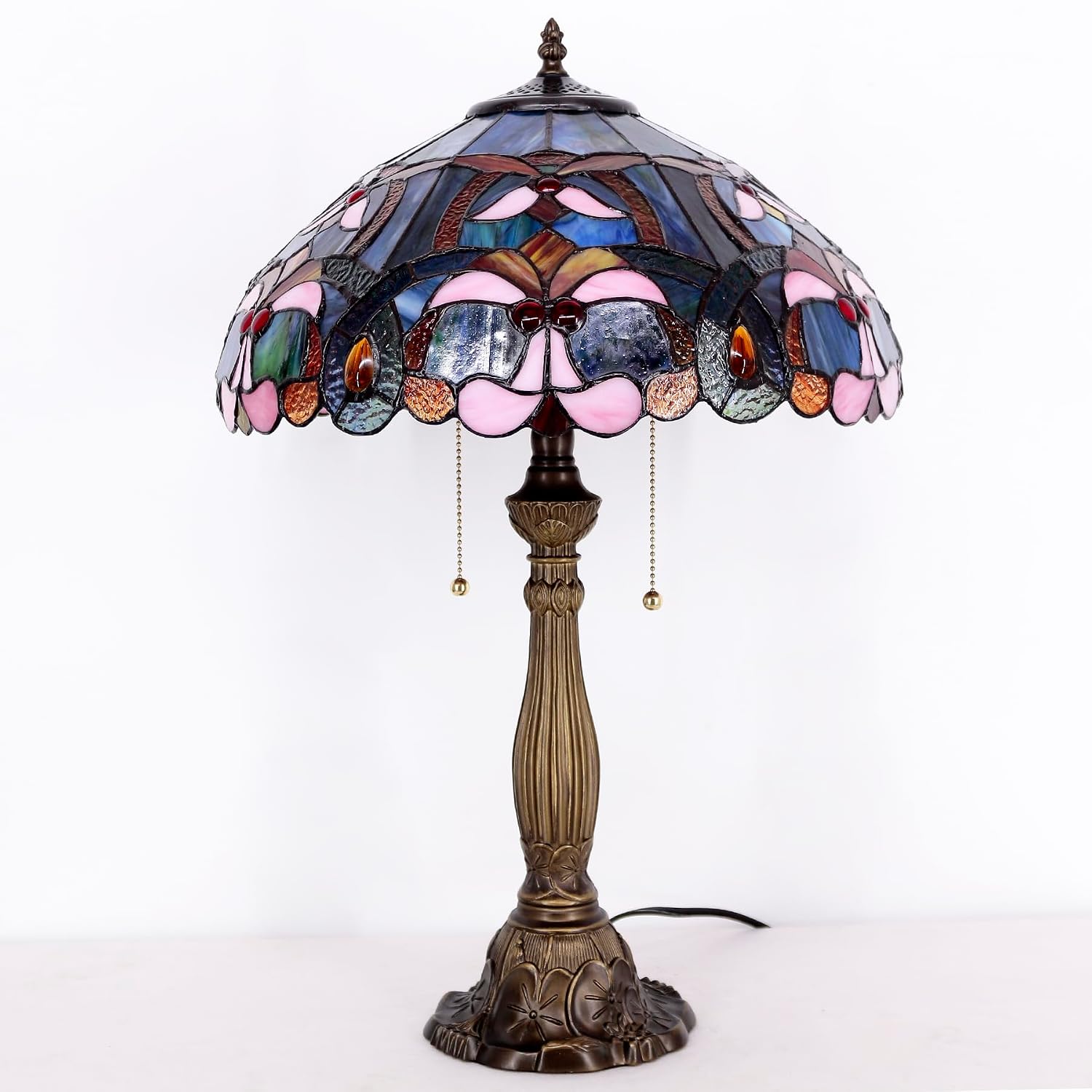 WERFACTORY Tiffany Lamp Blue Pink Stained Glass Bedside Table Lamp 16X16X24 Inch Desk Reading Lamp Resin Base Decoration Bedroom Living Room Home Office S830B Series