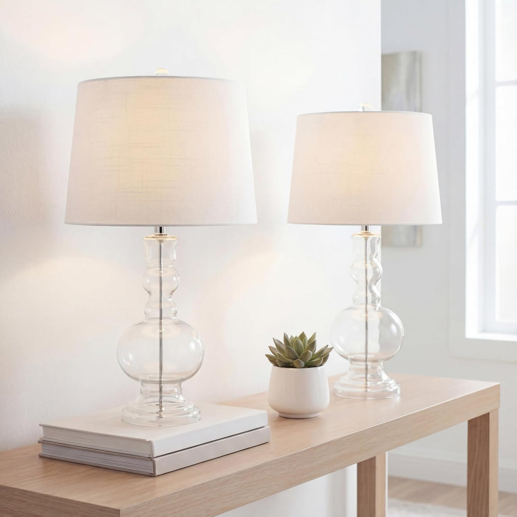 JONATHAN Y 28.5' Clear Glass Table Lamp Set of 2 for Living Room Bedroom Decor, Modern Bedside Lamps with White Linen Shade, LED Bulbs Included (JYL1061B-SET2)