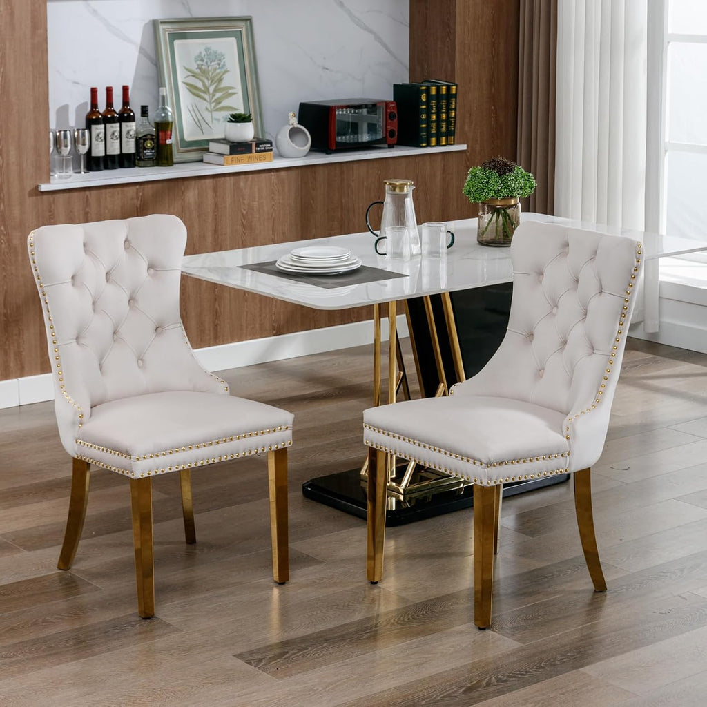Velvet Dining Chairs Set of 6, Tufted Upholstered Dining Room Chairs with Back Ring Pull, Nailhead Trim and Golden Legs, Modern Dinning Chairs for Dining Room, Kitchen(Beige)