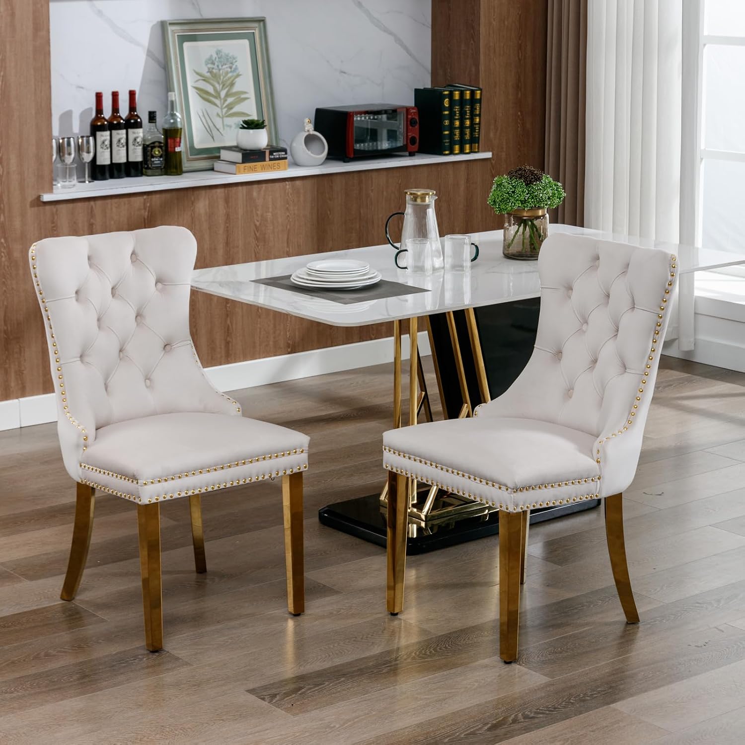 Velvet Dining Chairs Set of 6, Tufted Upholstered Dining Room Chairs with Back Ring Pull, Nailhead Trim and Golden Legs, Modern Dinning Chairs for Dining Room, Kitchen(Beige)
