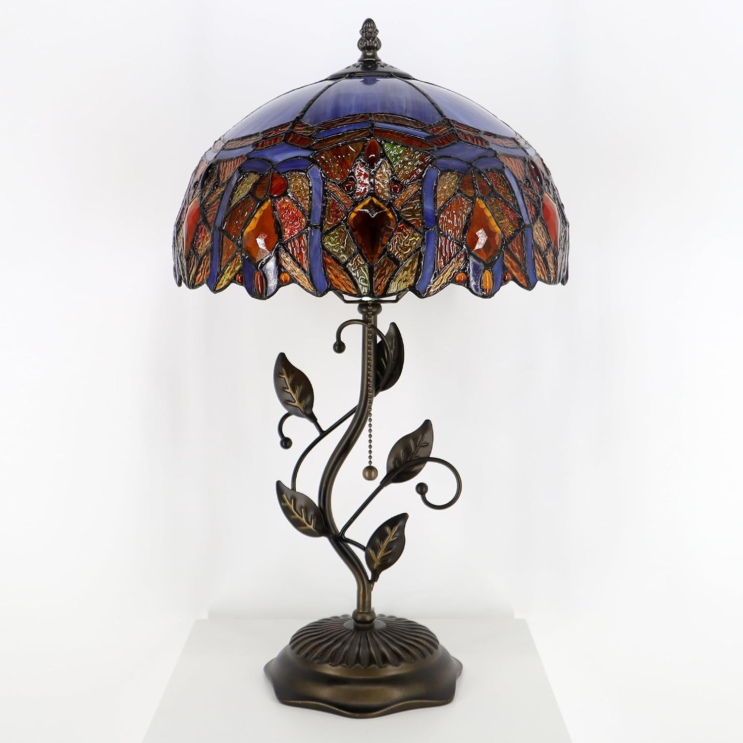 Tiffany Lamp Purple Brown Jewelry Baroque Style Stained Glass Table Lamp Desk Bedside Reading Light 12X12X19 Inches Bronze Resin Metal Leaf Base