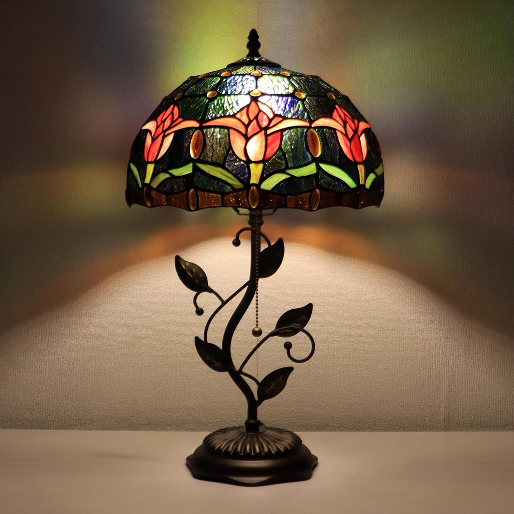 Tiffany Lamp Red Tulip Style Stained Glass Table Lamp Desk Bedside Reading Light 12X12X19 Inches with Metal Leaf Base