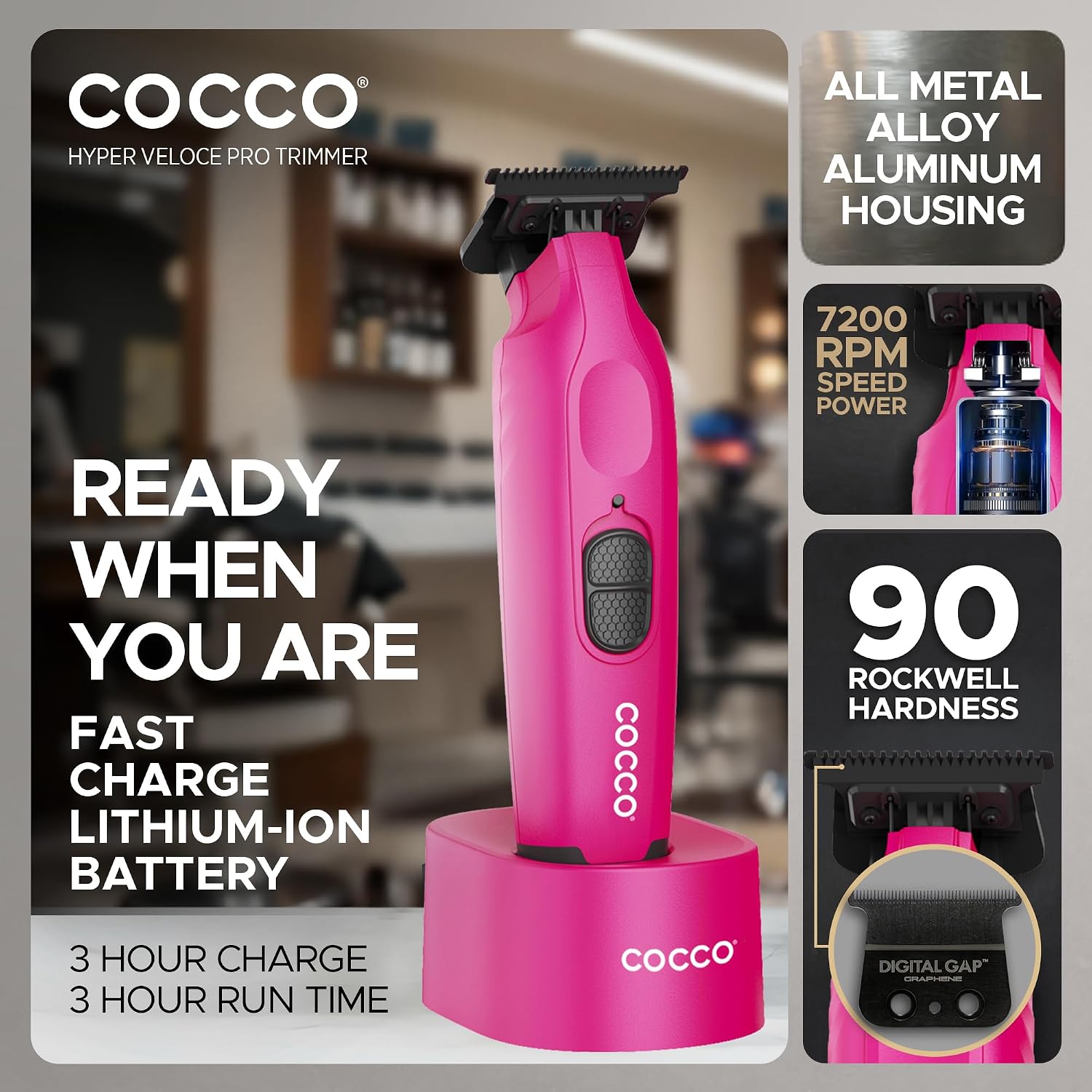 Cocco Hyper Veloce Pro Trimmer, Digital Gap Graphene Blade Edger, High-Torque Brushless BLDC Motor, Cordless, All-Metal Design, Lithium-Ion Battery, Charging Base Included