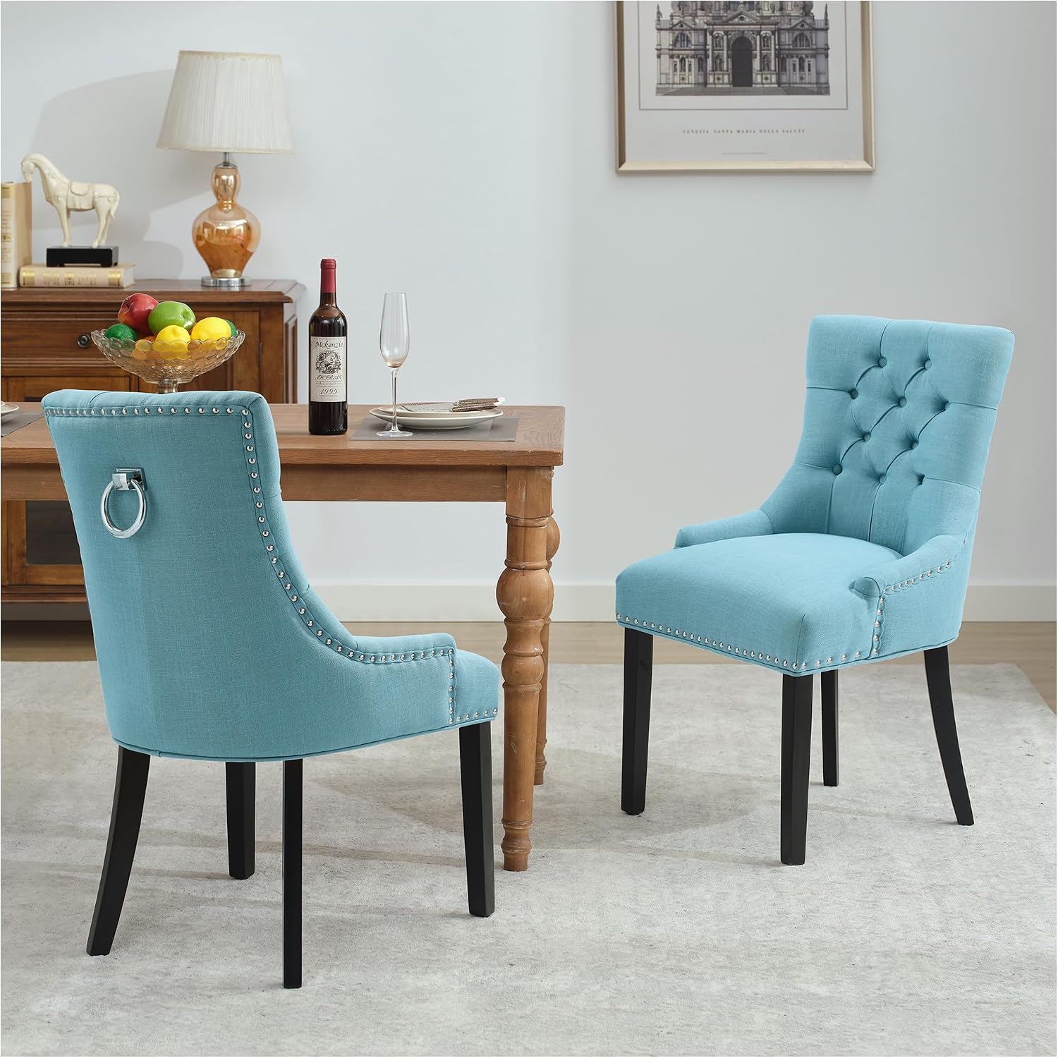 adochr Dining Chairs Set of 2, Mid-Century Modern Kitchen Chairs with Linen Fabric & Wooden Legs, Button-Tufted Back for Dining Room, Metal Rivets and Pull Rings Design, Light Blue