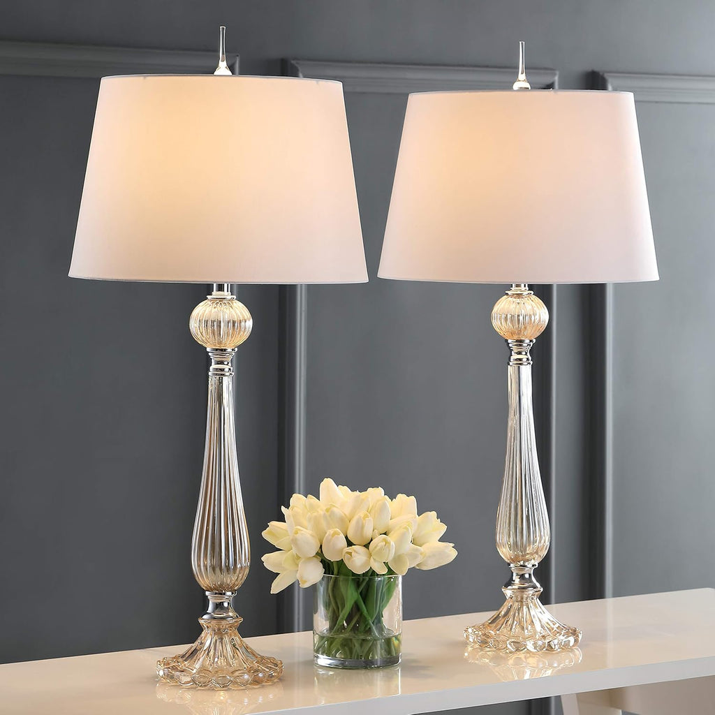 JONATHAN Y 32.5' Champagne Glass Table Lamp Set of 2 for Living Room Bedroom, Traditional French Country Bedside Lamps with White Faux Silk Shade, LED Bulbs Included JYL2067A-SET2
