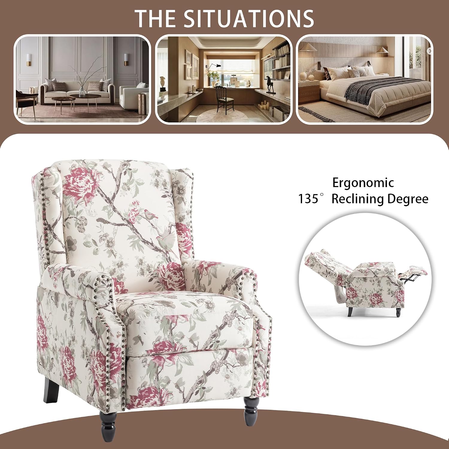 Set of 2 Floral Pushback Recliner Chairs, Fabric Upholstered Rivet Trim Accent Club Chairs for Living Room, Home Theater- Red Floral