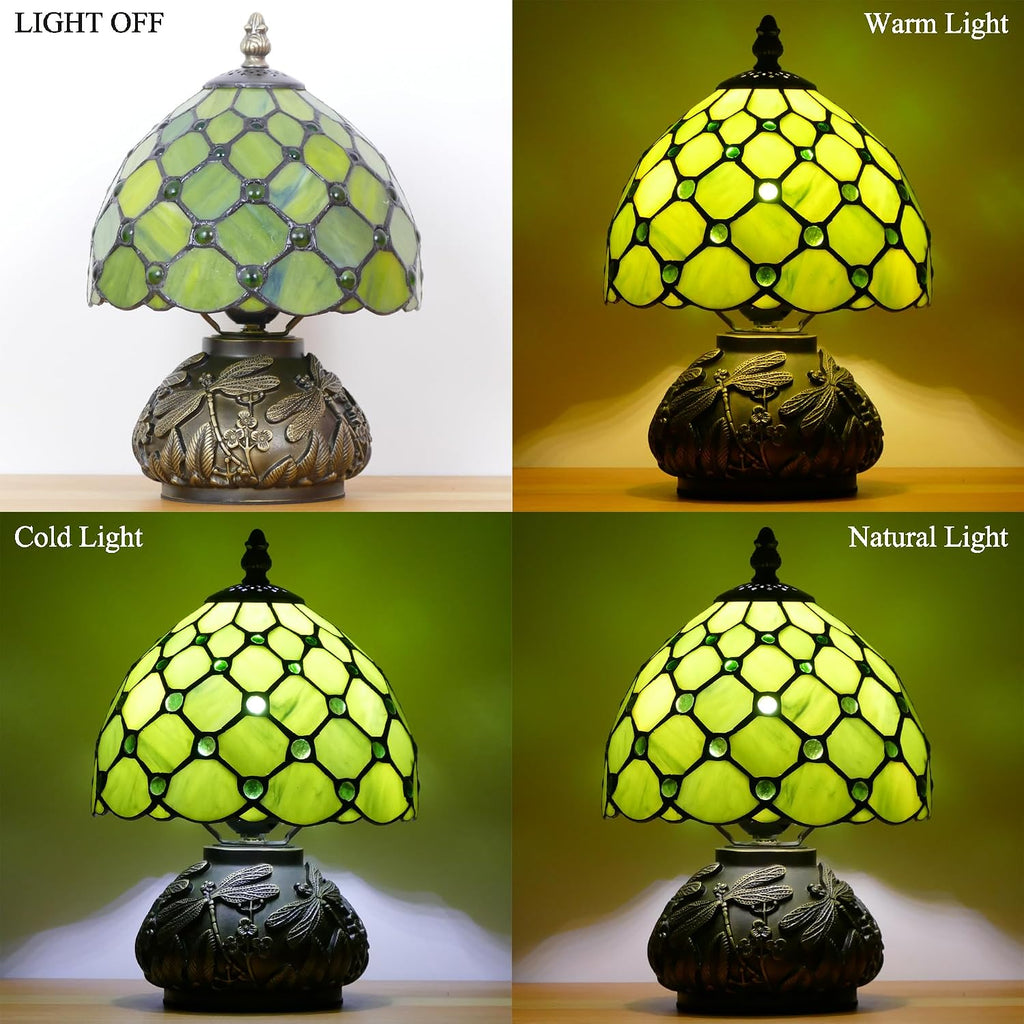 Small Tiffany Lamp Mini Stained Glass Table Lamp Green Yellow Pearl Style Mushroom Accent Lamp 8X11 Inch