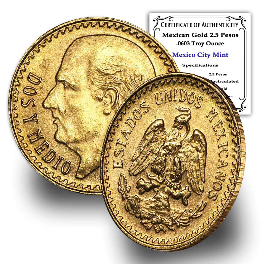 1918-1948 (Random Year) Mexican 1/4 Hidalgo Gold 2.5 Pesos Coin Brilliant Uncirculated with Certificate of Authenticity - Moneda de Oro Puro 2.5 MX BU
