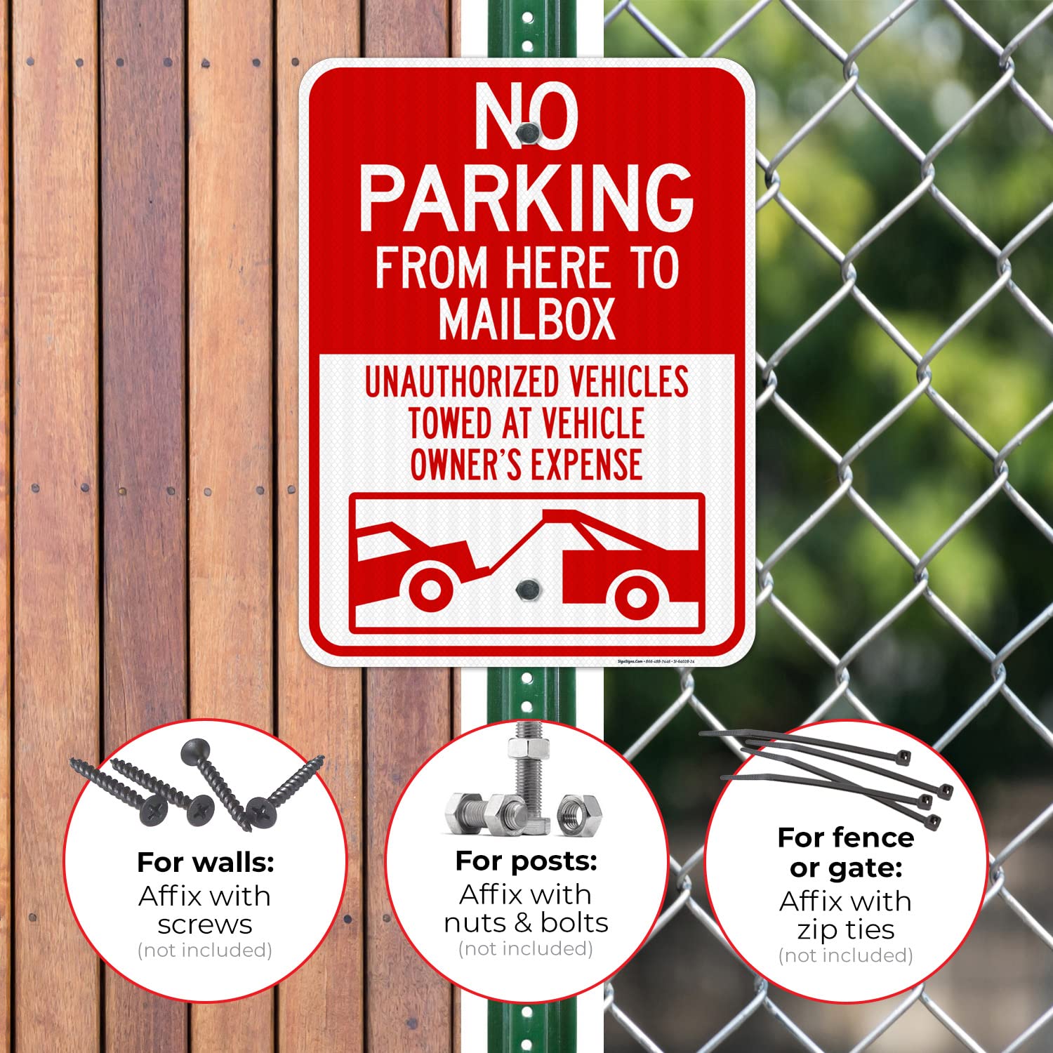 No Parking from Here to Mailbox Unauthorized Vehicles Towed at Sign, 18x24 Inches, 3M EGP Reflective with Post & Cast Iron Base Stand Set Made in USA by Sigo Signs