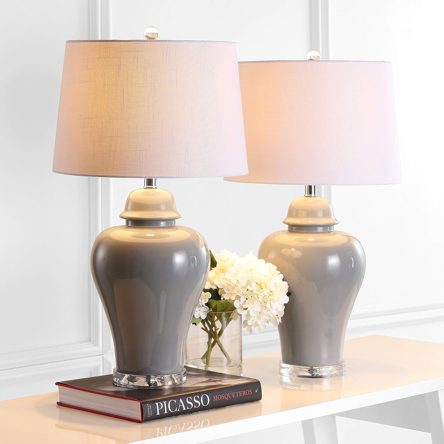 JONATHAN Y 27' Gray Ceramic Urn Table Lamp Set of 2 for Living Room, Bedside Nightstand Lamps for Bedroom, Farmhouse Decor with White Linen Shade, LED Bulbs Included JYL4020A-SET2
