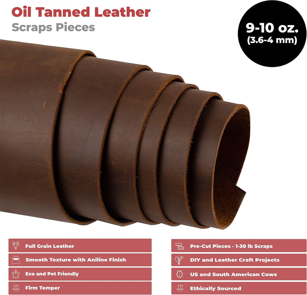 European Leather Work 9-10 oz. (3.6-4mm) Oil-Tanned Leather Scraps Size: 20 LB - Bourbon Brown Cowhide Full Grain Leather for Tooling, Accessories, Jewelry, Crafting, and DIY Projects