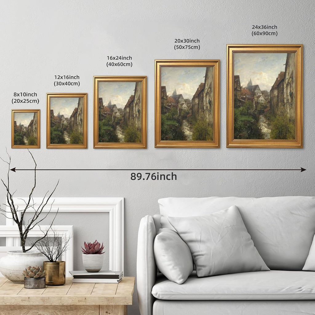 Framed Section in The Old Town of Esslingen Canvas Print Vintage European Village Landscape Wall Art Rustic Alley Painting Neutral Countryside Picture Artwork for Living Room Bedroom Decor 24x36inch