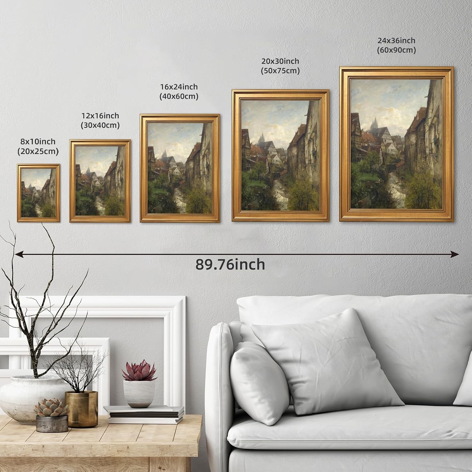 Framed Section in The Old Town of Esslingen Canvas Print Vintage European Village Landscape Wall Art Rustic Alley Painting Neutral Countryside Picture Artwork for Living Room Bedroom Decor 24x36inch