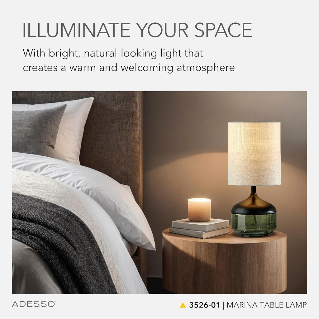 Adesso Table Lamp with Smoked Glass, Black Wood Base and Grey Fabric Lampshade – Bedside Table, Home Office Lighting or Living Room Decor, 16.25' x 7.5'