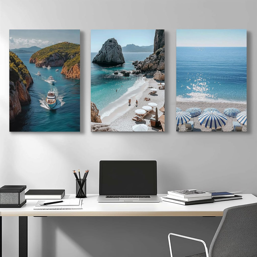 LANZHENZHENART 3Pcs European Coastal Beach Wall Art Greece Travel Picture Canvas Painting Prints For Home Dining Room Living Room Wall Decor Poster Artwork(20' x 30' x 3 Panels Framed)