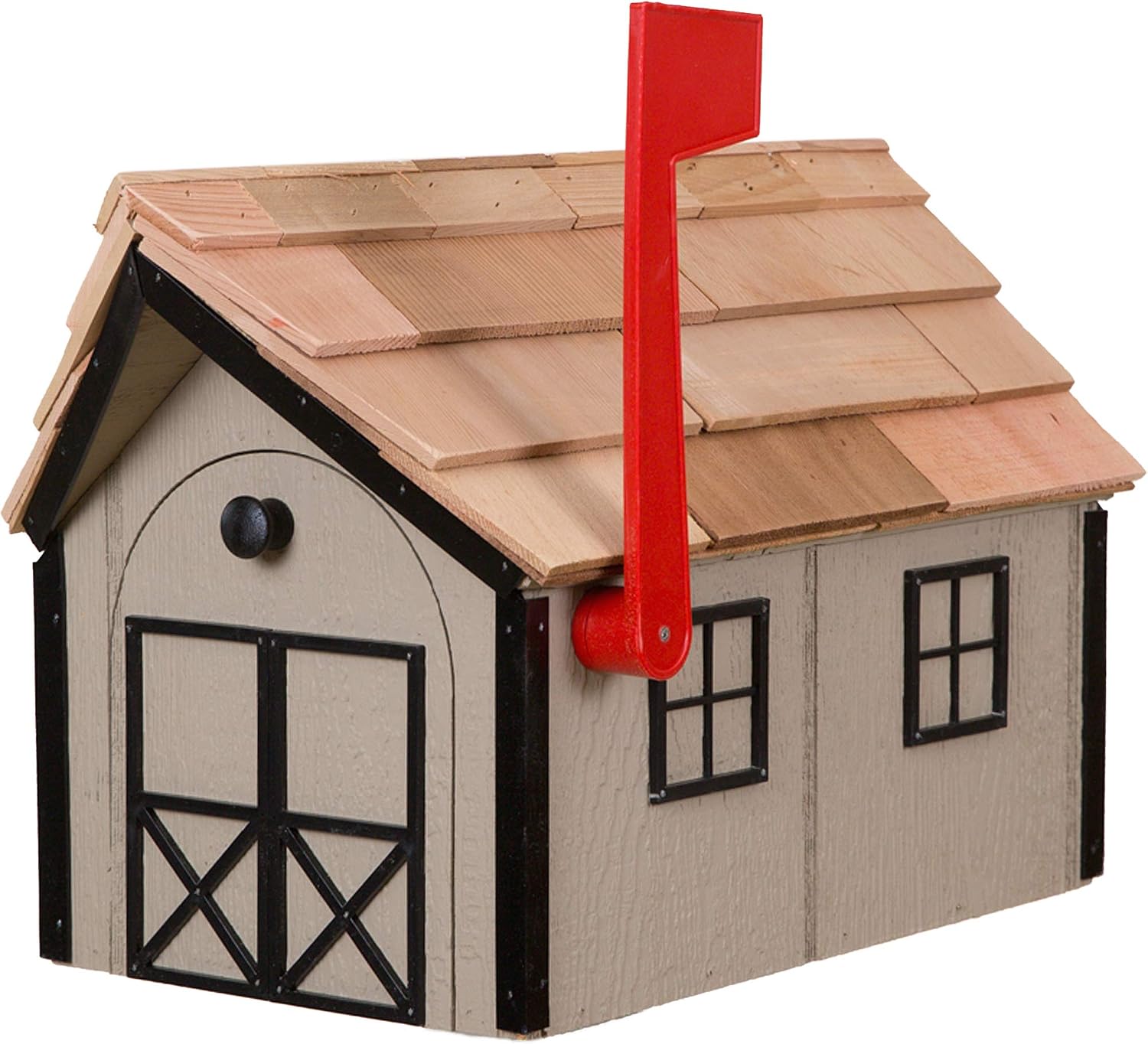 Amish Cedar Roof Wooden Mailbox with Window & Door Trim (Clay with Black Trim)