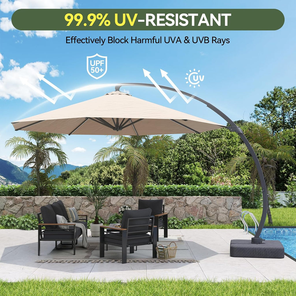 Aoxun 11 FT Cantilever Umbrella with Base Included, Patio Large Aluminum Offset Umbrella Windproof with 360°Rotation, Heavy Duty Frame for Outdoor, Pool, Deck and Garden