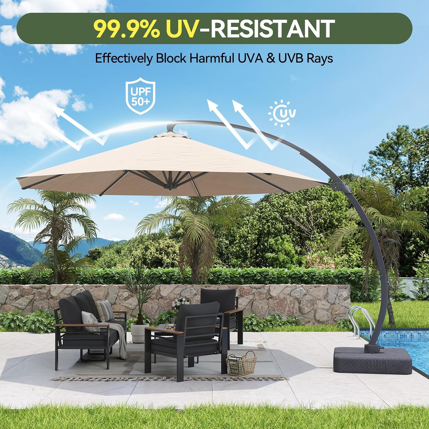 Aoxun 11 FT Cantilever Umbrella with Base Included, Patio Large Aluminum Offset Umbrella Windproof with 360°Rotation, Heavy Duty Frame for Outdoor, Pool, Deck and Garden